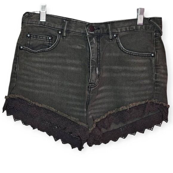 Free People Women's Charcoal Wash Denim Shorts with Lace Trim size 28 - Picture 1 of 5